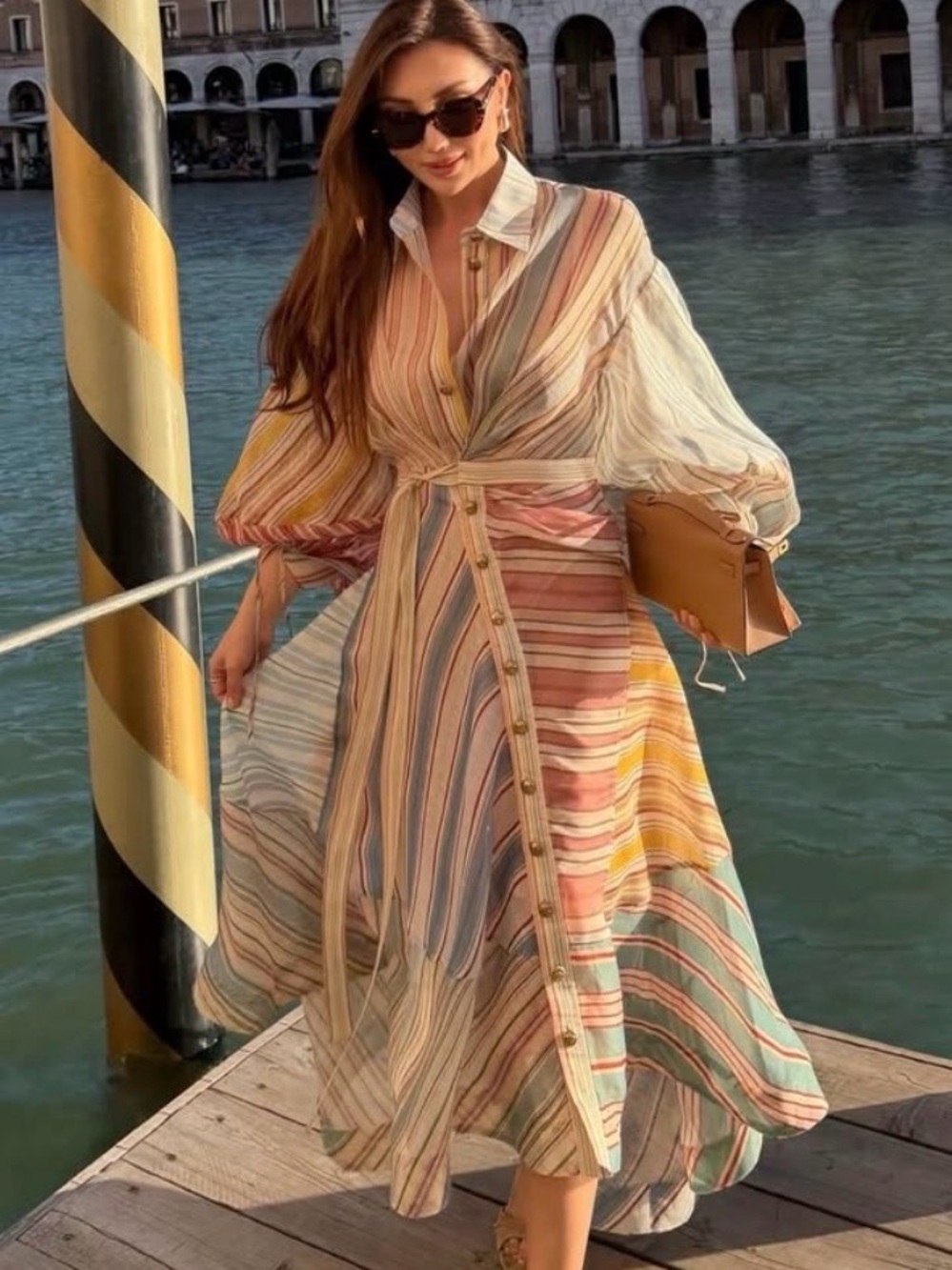 Zimmermann Multicolor Striped Tie-Waist Maxi Dress